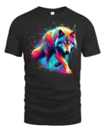 Psychedelic Wolf T-Shirt Vibrant Color Splash Tee for Animal and Art Lovers - black t-shirt on white background