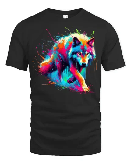 Psychedelic Wolf T-Shirt Vibrant Color Splash Tee for Animal and Art Lovers - black t-shirt on white background
