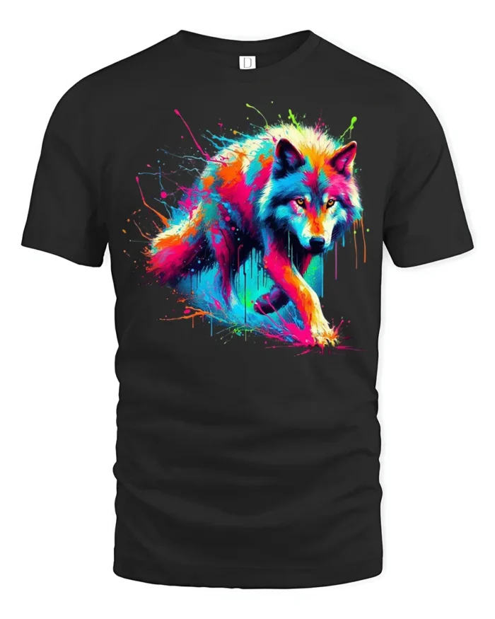 Psychedelic Wolf T-Shirt Vibrant Color Splash Tee for Animal and Art Lovers - black t-shirt on white background