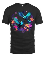 Tropical Hummingbird T-Shirt Vibrant Floral Bird Tee for Nature Lovers - black t-shirt on white background