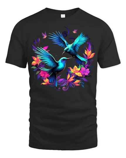 Tropical Hummingbird T-Shirt Vibrant Floral Bird Tee for Nature Lovers - black t-shirt on white background
