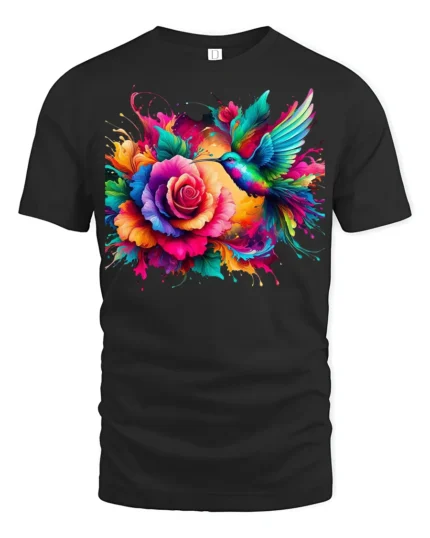 Rainbow Hummingbird and Rose T-Shirt Soft Cotton Nature-Inspired Graphic Tee - black t-shirt on white background