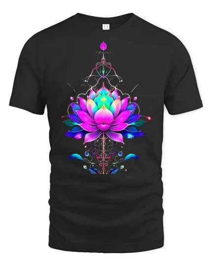Vibrant Lotus Flower Yoga Zen Spiritual Floral Mandala Tee for Peaceful Souls - black t-shirt on white background