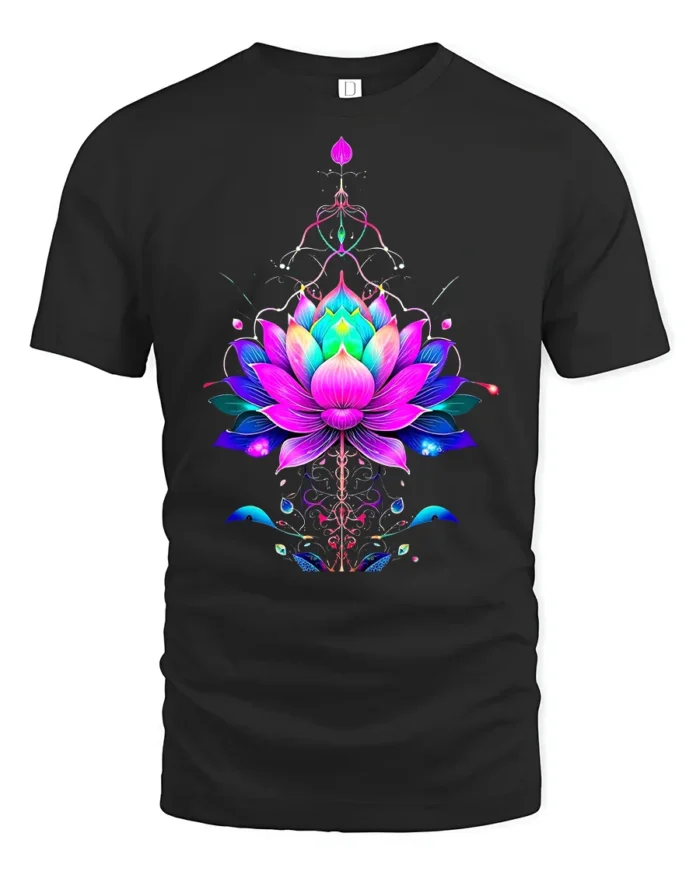 Vibrant Lotus Flower Yoga Zen Spiritual Floral Mandala Tee for Peaceful Souls - black t-shirt on white background