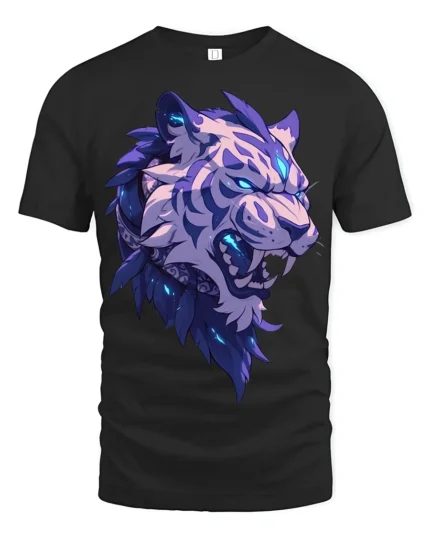 Blue Flame Tiger T-Shirt Bold Roaring Beast Graphic Tee for Adults - black t-shirt on white background
