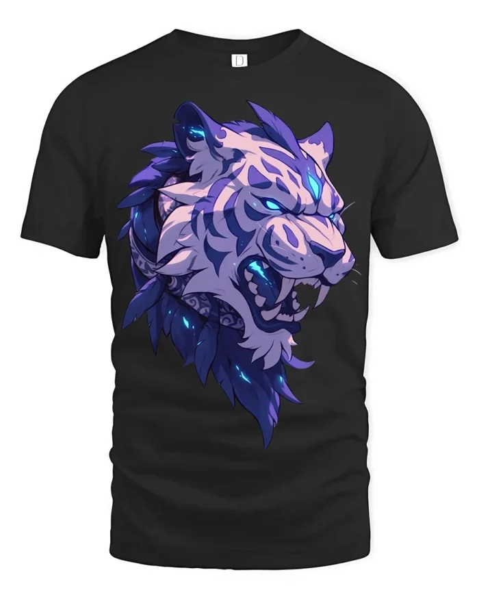 Blue Flame Tiger T-Shirt Bold Roaring Beast Graphic Tee for Adults - black t-shirt on white background