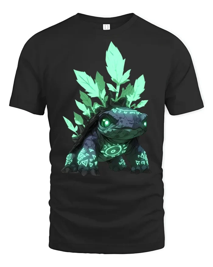 Spirit Turtle T-Shirt Magical Forest Creature Tee with Neon Green Design - black t-shirt on white background