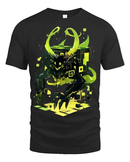 Glitch Horror T-Shirt Evil Pixel Creature Tee for Cyberpunk Streetwear - black t-shirt on white background