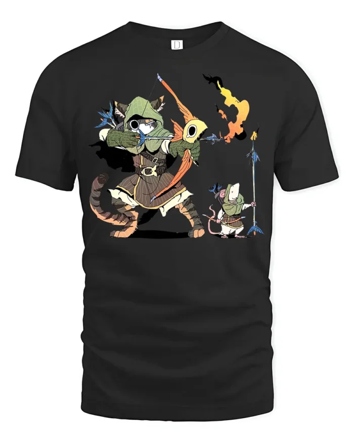 Fantasy Archer Cat and Warrior Mouse RPG Gamer Animal Tee - black t-shirt on white background
