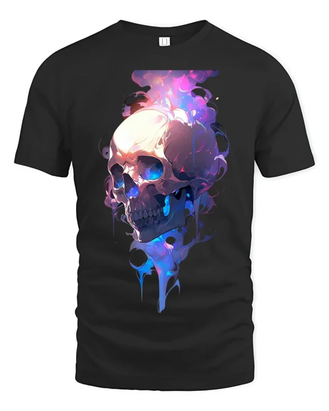 Neon Skull Flame T-Shirt Colorful Gothic Streetwear Graphic Tee - black t-shirt on white background
