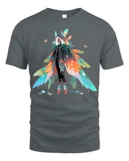 Whimsical Feathered Mage T-Shirt Fantasy Anime Streetwear Tee - gray t-shirt on white background
