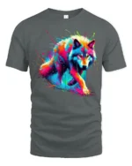 Psychedelic Wolf T-Shirt Vibrant Color Splash Tee for Animal and Art Lovers - gray t-shirt on white background