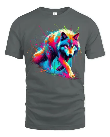 Psychedelic Wolf T-Shirt Vibrant Color Splash Tee for Animal and Art Lovers - gray t-shirt on white background