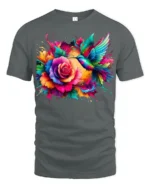 Rainbow Hummingbird and Rose T-Shirt Soft Cotton Nature-Inspired Graphic Tee - gray t-shirt on white background