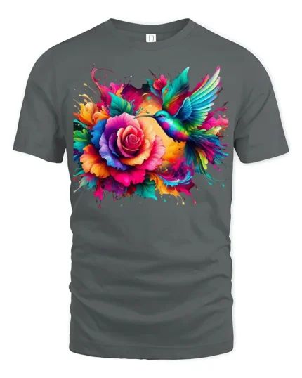 Rainbow Hummingbird and Rose T-Shirt Soft Cotton Nature-Inspired Graphic Tee - gray t-shirt on white background