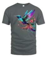 Vibrant Rainbow Hummingbird T-Shirt  Artistic Floral Bird Tee for Nature Fans - gray t-shirt on white background