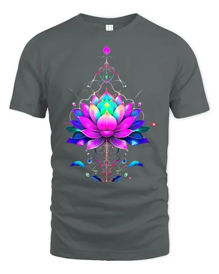 Vibrant Lotus Flower Yoga Zen Spiritual Floral Mandala Tee for Peaceful Souls - gray t-shirt on white background