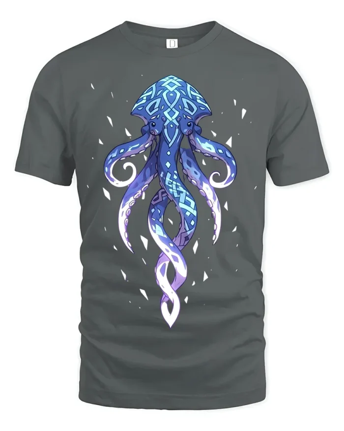 Mystic Blue Octopus T-Shirt Ocean Vibe Graphic Tee for Sea Lovers - gray t-shirt on white background