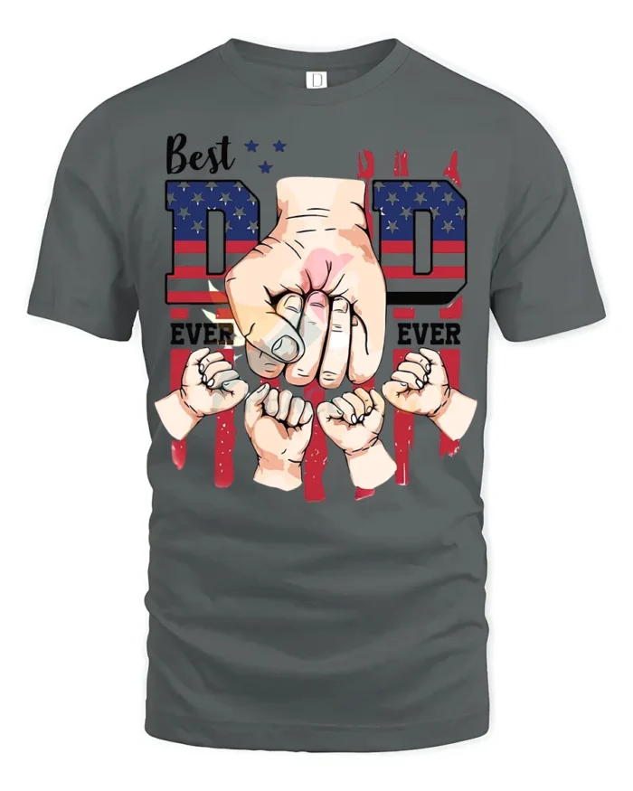 Father’s Day T-Shirt Best Dad Ever Fist Bump Tee with American Flag Design - gray t-shirt on white background