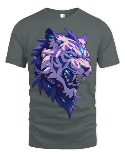 Blue Flame Tiger T-Shirt Bold Roaring Beast Graphic Tee for Adults - gray t-shirt on white background