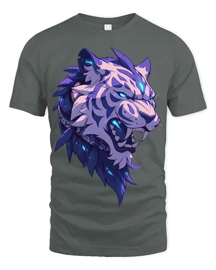 Blue Flame Tiger T-Shirt Bold Roaring Beast Graphic Tee for Adults - gray t-shirt on white background
