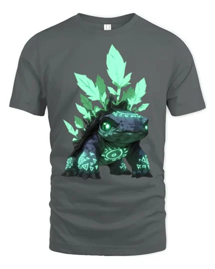 Spirit Turtle T-Shirt Magical Forest Creature Tee with Neon Green Design - gray t-shirt on white background