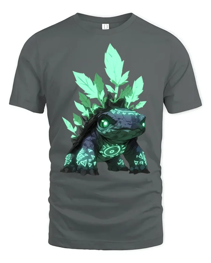 Spirit Turtle T-Shirt Magical Forest Creature Tee with Neon Green Design - gray t-shirt on white background
