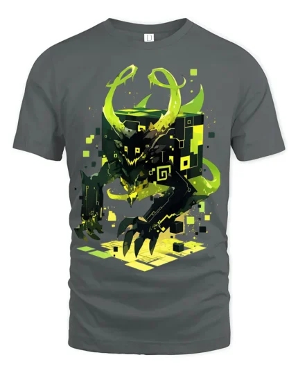 Glitch Horror T-Shirt Evil Pixel Creature Tee for Cyberpunk Streetwear - gray t-shirt on white background