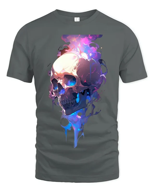 Neon Skull Flame T-Shirt Colorful Gothic Streetwear Graphic Tee - gray t-shirt on white background