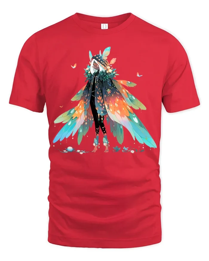 Whimsical Feathered Mage T-Shirt Fantasy Anime Streetwear Tee - red t-shirt on white background