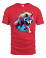 Psychedelic Wolf T-Shirt Vibrant Color Splash Tee for Animal and Art Lovers - red t-shirt on white background