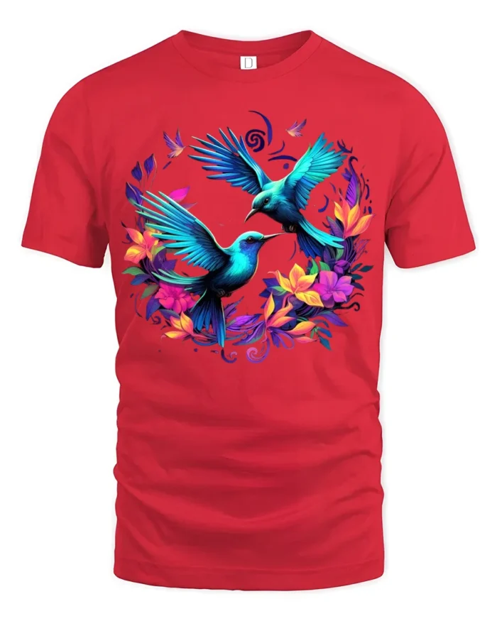 Tropical Hummingbird T-Shirt Vibrant Floral Bird Tee for Nature Lovers - red t-shirt on white background