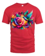 Rainbow Hummingbird and Rose T-Shirt Soft Cotton Nature-Inspired Graphic Tee - red t-shirt on white background