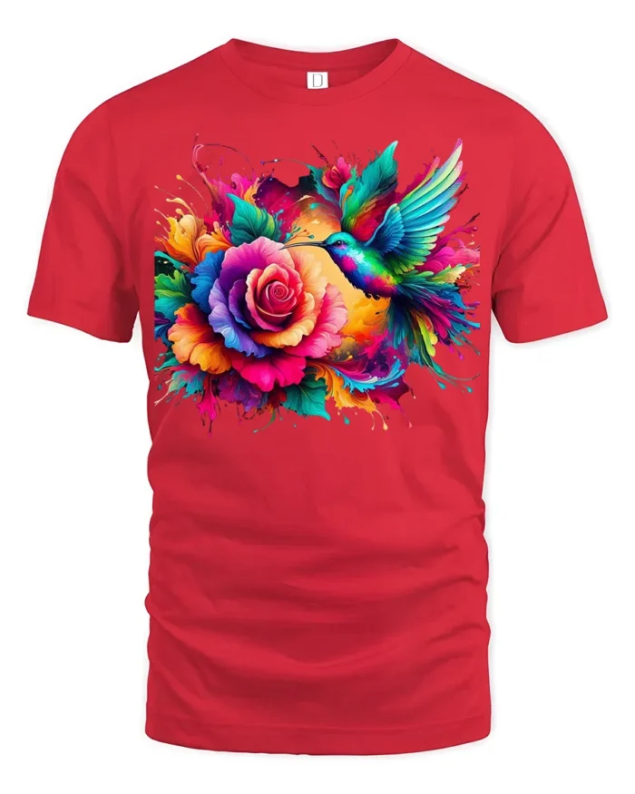 Rainbow Hummingbird and Rose T-Shirt Soft Cotton Nature-Inspired Graphic Tee - red t-shirt on white background