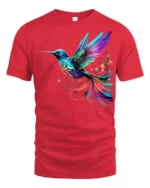 Vibrant Rainbow Hummingbird T-Shirt  Artistic Floral Bird Tee for Nature Fans - red t-shirt on white background