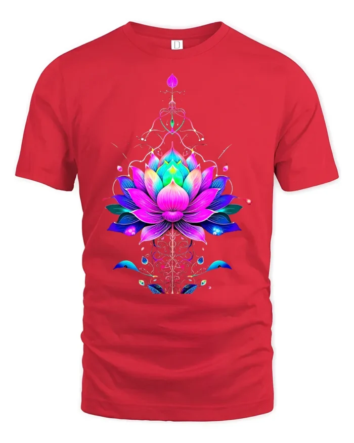Vibrant Lotus Flower Yoga Zen Spiritual Floral Mandala Tee for Peaceful Souls - red t-shirt on white background
