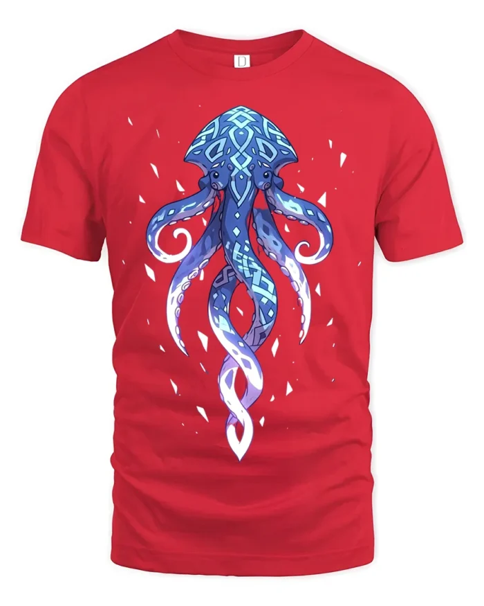 Mystic Blue Octopus T-Shirt Ocean Vibe Graphic Tee for Sea Lovers - red t-shirt on white background