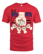 Father’s Day T-Shirt Best Dad Ever Fist Bump Tee with American Flag Design - red t-shirt on white background
