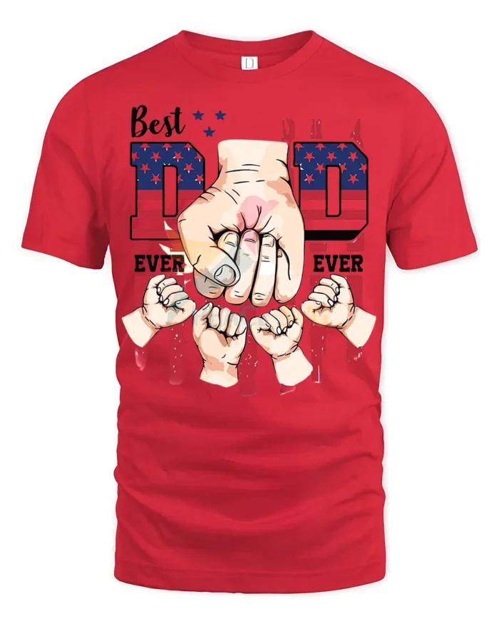 Father’s Day T-Shirt Best Dad Ever Fist Bump Tee with American Flag Design - red t-shirt on white background