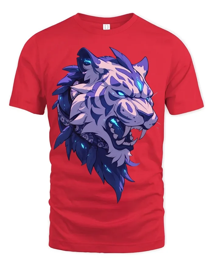 Blue Flame Tiger T-Shirt Bold Roaring Beast Graphic Tee for Adults - red t-shirt on white background