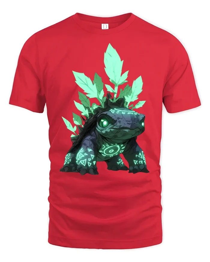 Spirit Turtle T-Shirt Magical Forest Creature Tee with Neon Green Design - red t-shirt on white background