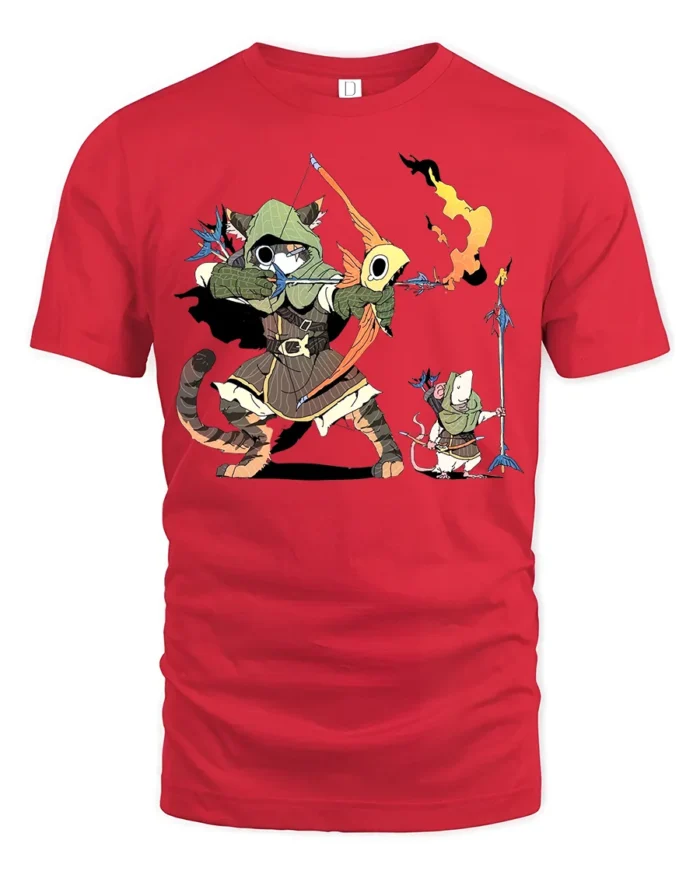 Fantasy Archer Cat and Warrior Mouse RPG Gamer Animal Tee - red t-shirt on white background