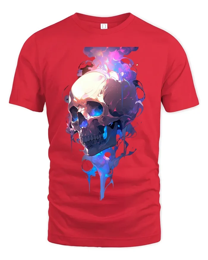 Neon Skull Flame T-Shirt Colorful Gothic Streetwear Graphic Tee - red t-shirt on white background