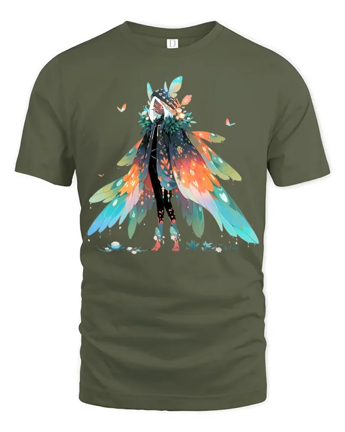 Whimsical Feathered Mage T-Shirt Fantasy Anime Streetwear Tee - military green t-shirt on white background
