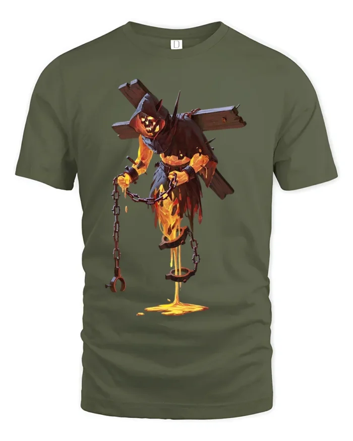 Flaming Demon T-Shirt Gothic Horror Lava Skull Tee for Halloween and Gamers - military green t-shirt on white background