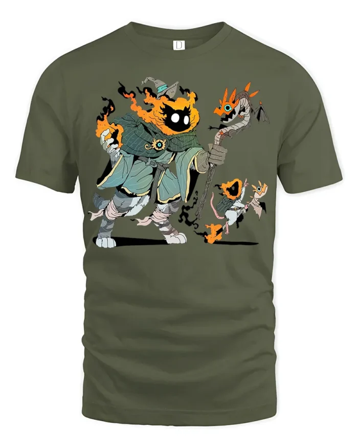 Flame Wizard T-Shirt Funny Fantasy Mage Graphic Tee for Gamers and Nerds - military green t-shirt on white background