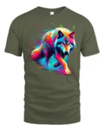 Psychedelic Wolf T-Shirt Vibrant Color Splash Tee for Animal and Art Lovers - military green t-shirt on white background