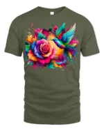 Rainbow Hummingbird and Rose T-Shirt Soft Cotton Nature-Inspired Graphic Tee - military green t-shirt on white background