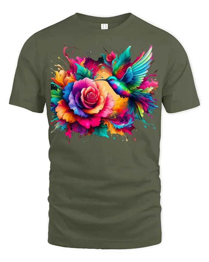 Rainbow Hummingbird and Rose T-Shirt Soft Cotton Nature-Inspired Graphic Tee - military green t-shirt on white background