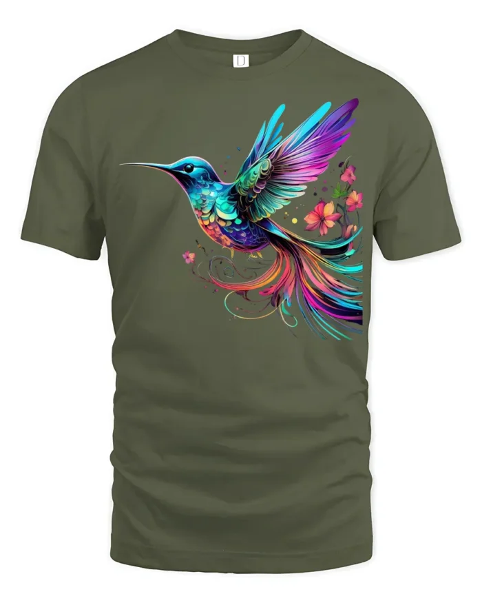 Vibrant Rainbow Hummingbird T-Shirt  Artistic Floral Bird Tee for Nature Fans - military green t-shirt on white background